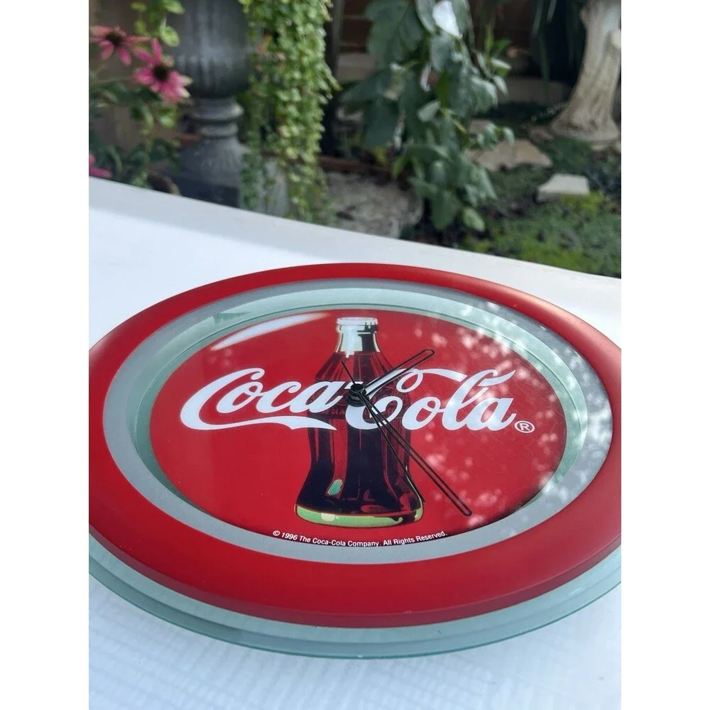 1996 Coca-Cola Glass Wall Clock Quartz Bottle Logo Red Silver Vintage Decor
